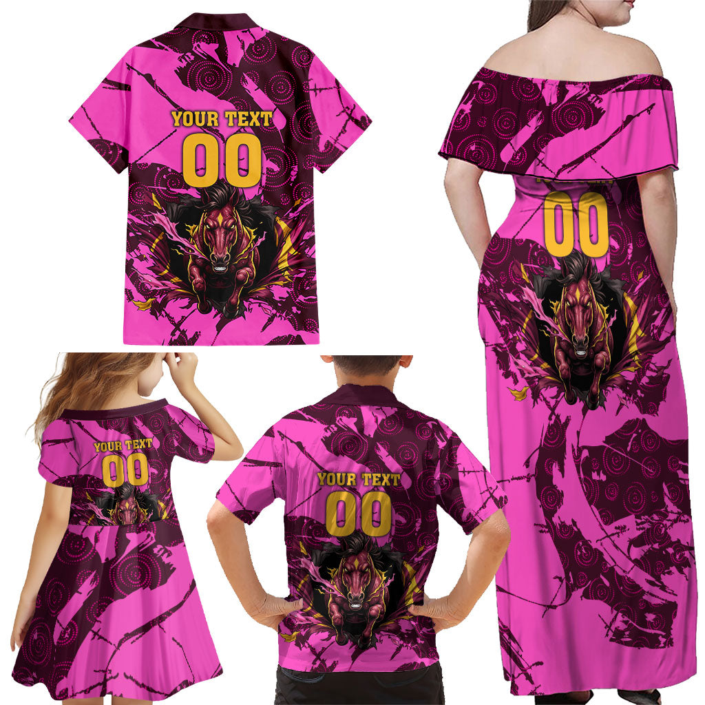 Personalised Brisbane Broncos Family Matching Off Shoulder Maxi Dress and Hawaiian Shirt Fierce Horse Mascot In Pink Aboriginal Dot Art Style