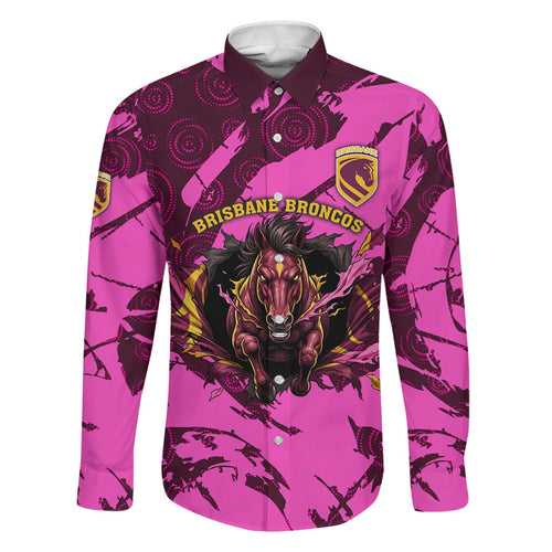 Personalised Brisbane Broncos Family Matching Off Shoulder Maxi Dress and Hawaiian Shirt Fierce Horse Mascot In Pink Aboriginal Dot Art Style