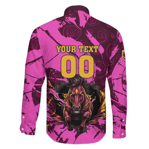 Personalised Brisbane Broncos Family Matching Off Shoulder Maxi Dress and Hawaiian Shirt Fierce Horse Mascot In Pink Aboriginal Dot Art Style