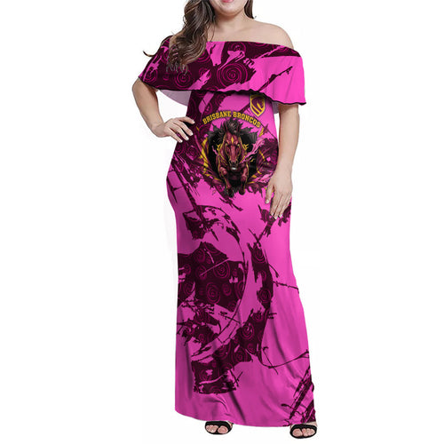 Personalised Brisbane Broncos Family Matching Off Shoulder Maxi Dress and Hawaiian Shirt Fierce Horse Mascot In Pink Aboriginal Dot Art Style