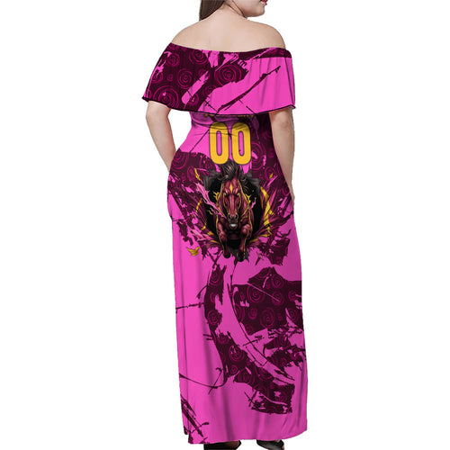 Personalised Brisbane Broncos Family Matching Off Shoulder Maxi Dress and Hawaiian Shirt Fierce Horse Mascot In Pink Aboriginal Dot Art Style