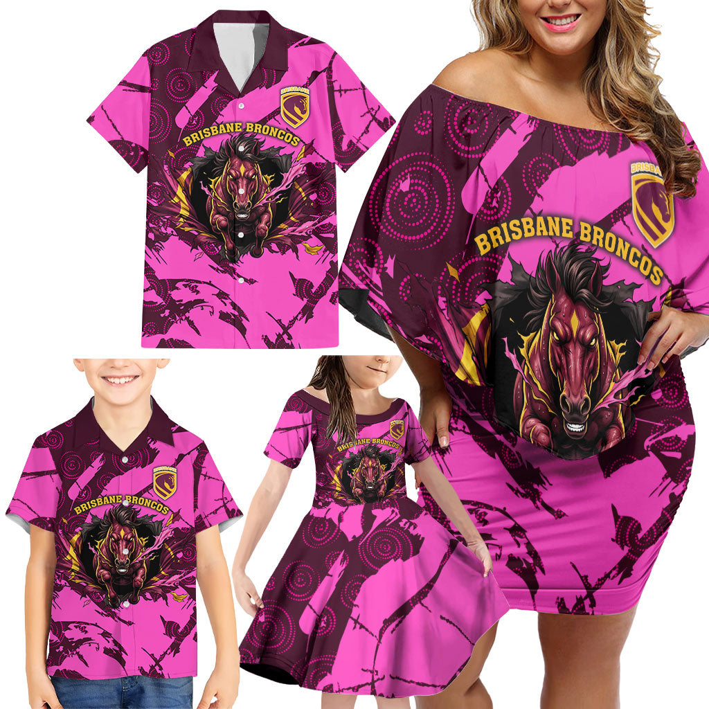 Personalised Brisbane Broncos Family Matching Off Shoulder Short Dress and Hawaiian Shirt Fierce Horse Mascot In Pink Aboriginal Dot Art Style