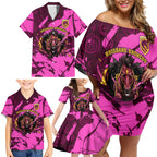 Personalised Brisbane Broncos Family Matching Off Shoulder Short Dress and Hawaiian Shirt Fierce Horse Mascot In Pink Aboriginal Dot Art Style