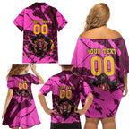 Personalised Brisbane Broncos Family Matching Off Shoulder Short Dress and Hawaiian Shirt Fierce Horse Mascot In Pink Aboriginal Dot Art Style