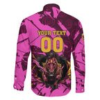 Personalised Brisbane Broncos Family Matching Off Shoulder Short Dress and Hawaiian Shirt Fierce Horse Mascot In Pink Aboriginal Dot Art Style