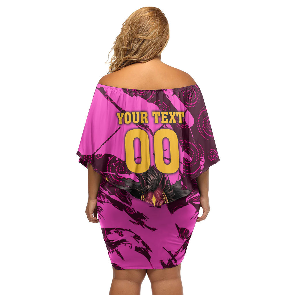 Personalised Brisbane Broncos Family Matching Off Shoulder Short Dress and Hawaiian Shirt Fierce Horse Mascot In Pink Aboriginal Dot Art Style