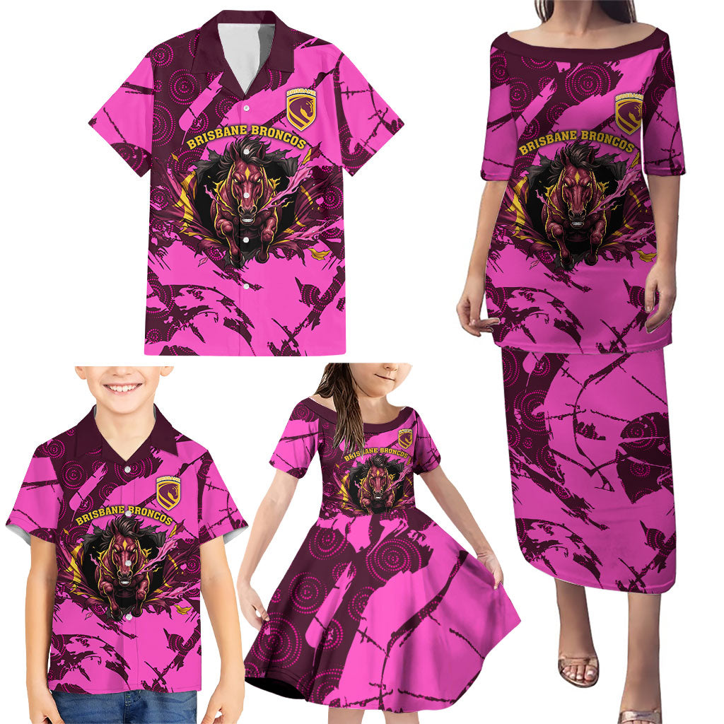 Personalised Brisbane Broncos Family Matching Puletasi and Hawaiian Shirt Fierce Horse Mascot In Pink Aboriginal Dot Art Style