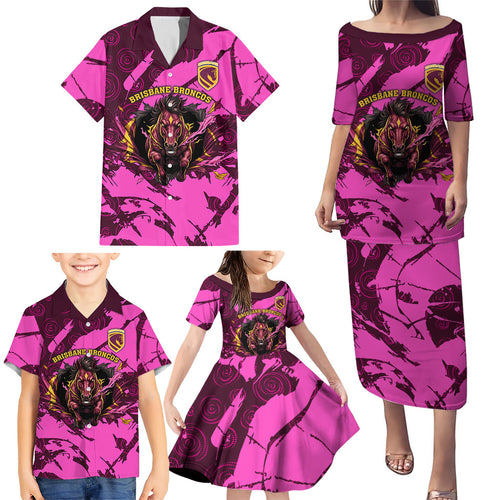 Personalised Brisbane Broncos Family Matching Puletasi and Hawaiian Shirt Fierce Horse Mascot In Pink Aboriginal Dot Art Style