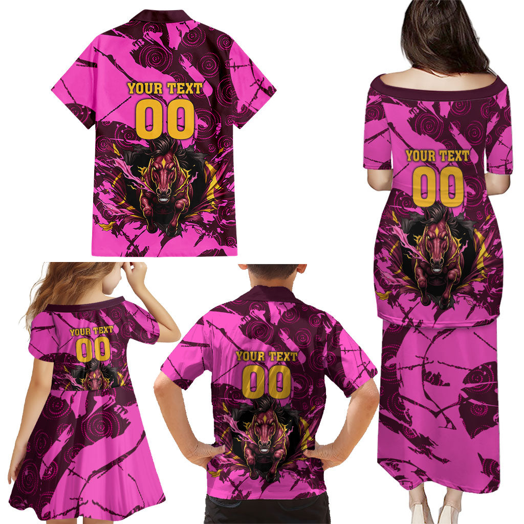 Personalised Brisbane Broncos Family Matching Puletasi and Hawaiian Shirt Fierce Horse Mascot In Pink Aboriginal Dot Art Style