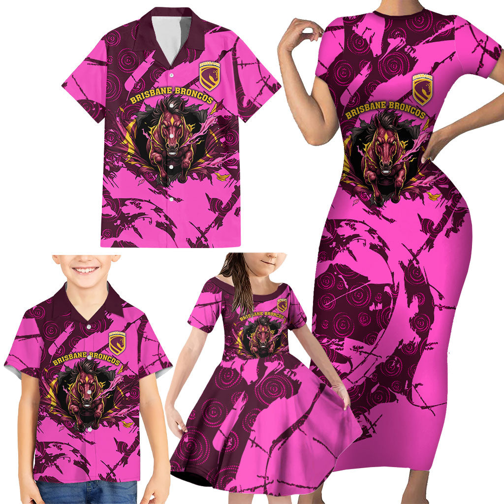 Personalised Brisbane Broncos Family Matching Short Sleeve Bodycon Dress and Hawaiian Shirt Fierce Horse Mascot In Pink Aboriginal Dot Art Style