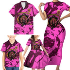 Personalised Brisbane Broncos Family Matching Short Sleeve Bodycon Dress and Hawaiian Shirt Fierce Horse Mascot In Pink Aboriginal Dot Art Style