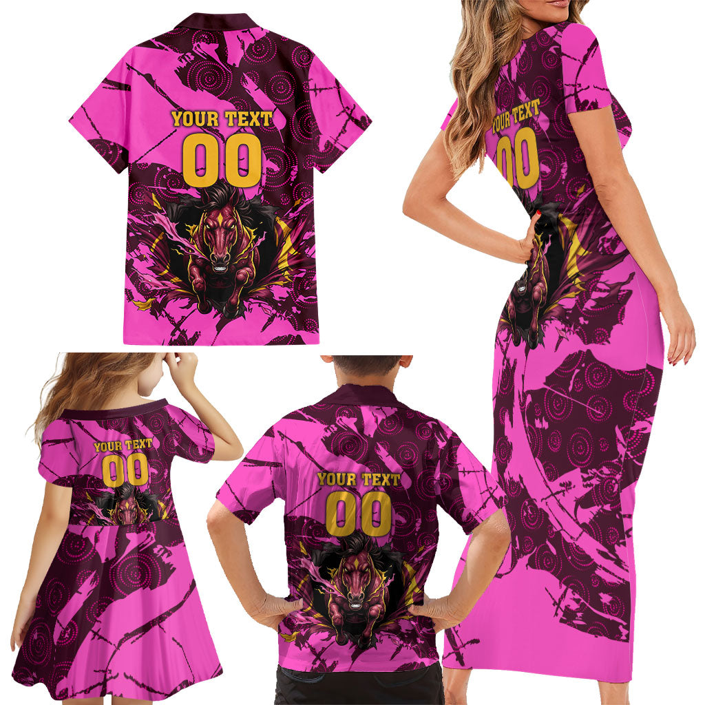 Personalised Brisbane Broncos Family Matching Short Sleeve Bodycon Dress and Hawaiian Shirt Fierce Horse Mascot In Pink Aboriginal Dot Art Style