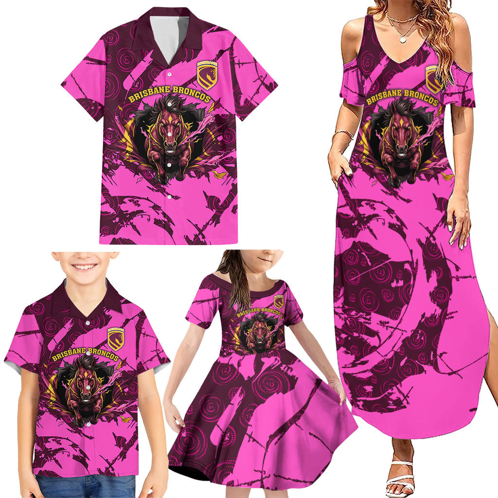 Personalised Brisbane Broncos Family Matching Summer Maxi Dress and Hawaiian Shirt Fierce Horse Mascot In Pink Aboriginal Dot Art Style