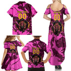 Personalised Brisbane Broncos Family Matching Summer Maxi Dress and Hawaiian Shirt Fierce Horse Mascot In Pink Aboriginal Dot Art Style