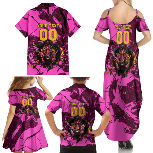 Personalised Brisbane Broncos Family Matching Summer Maxi Dress and Hawaiian Shirt Fierce Horse Mascot In Pink Aboriginal Dot Art Style
