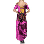Personalised Brisbane Broncos Family Matching Summer Maxi Dress and Hawaiian Shirt Fierce Horse Mascot In Pink Aboriginal Dot Art Style