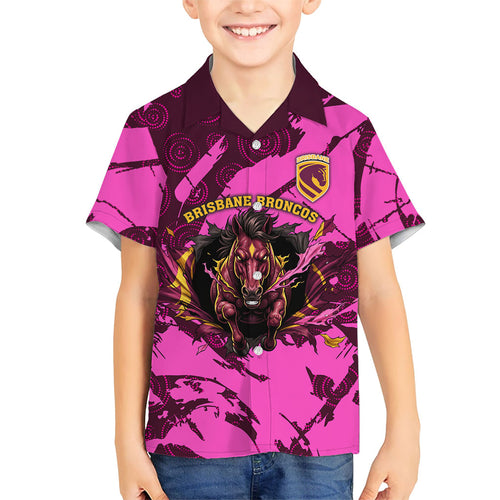 Personalised Brisbane Broncos Family Matching Summer Maxi Dress and Hawaiian Shirt Fierce Horse Mascot In Pink Aboriginal Dot Art Style