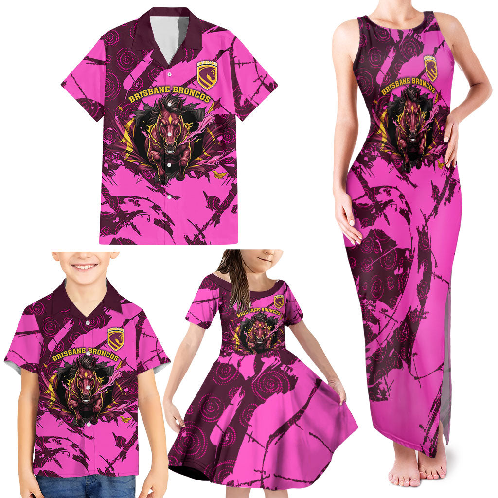 Personalised Brisbane Broncos Family Matching Tank Maxi Dress and Hawaiian Shirt Fierce Horse Mascot In Pink Aboriginal Dot Art Style