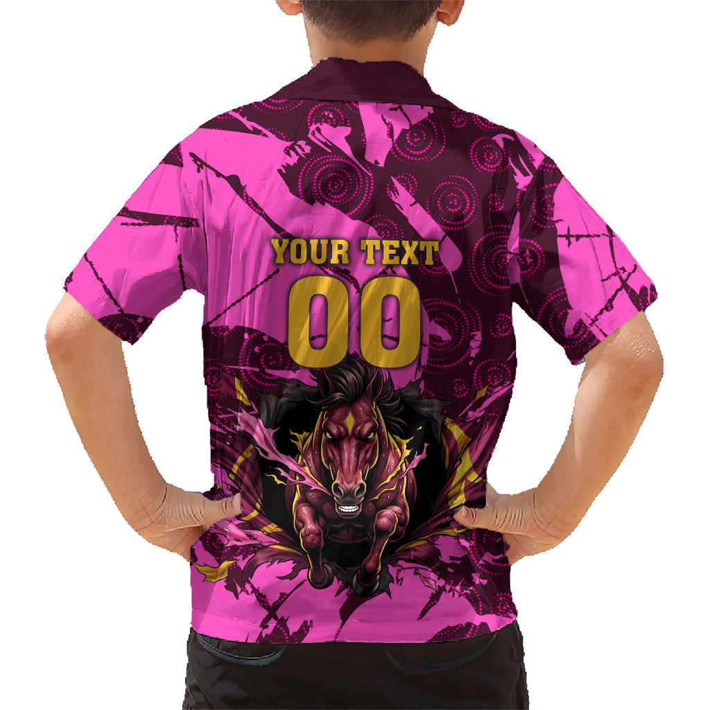 Personalised Brisbane Broncos Family Matching Tank Maxi Dress and Hawaiian Shirt Fierce Horse Mascot In Pink Aboriginal Dot Art Style