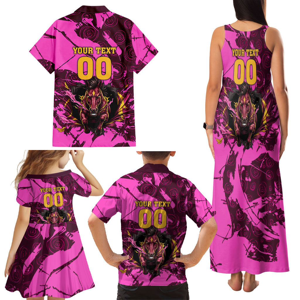 Personalised Brisbane Broncos Family Matching Tank Maxi Dress and Hawaiian Shirt Fierce Horse Mascot In Pink Aboriginal Dot Art Style
