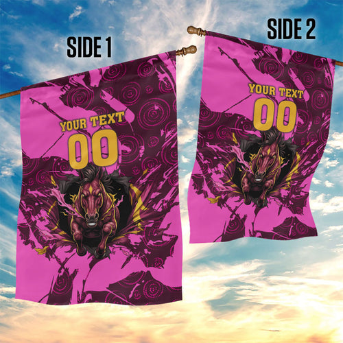 Personalised Brisbane Broncos Garden Flag Fierce Horse Mascot In Pink Aboriginal Dot Art Style