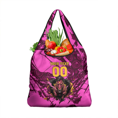 Personalised Brisbane Broncos Grocery Bag Fierce Horse Mascot In Pink Aboriginal Dot Art Style