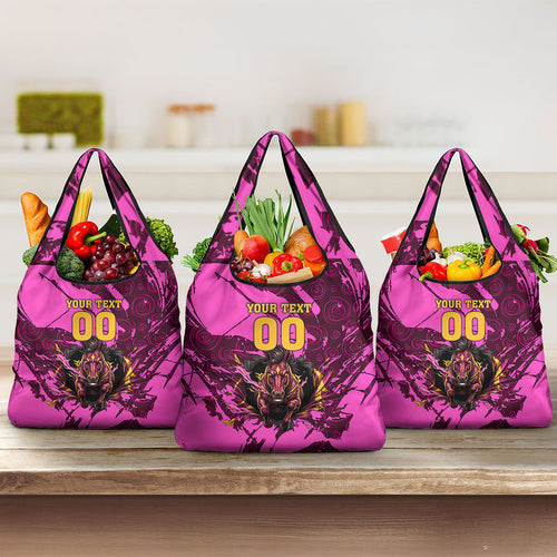 Personalised Brisbane Broncos Grocery Bag Fierce Horse Mascot In Pink Aboriginal Dot Art Style