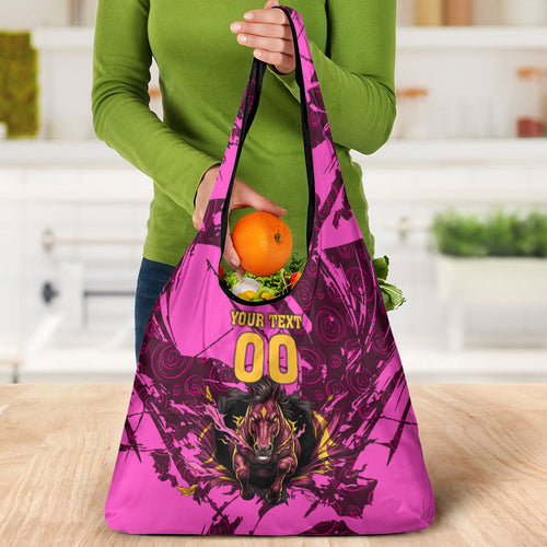 Personalised Brisbane Broncos Grocery Bag Fierce Horse Mascot In Pink Aboriginal Dot Art Style
