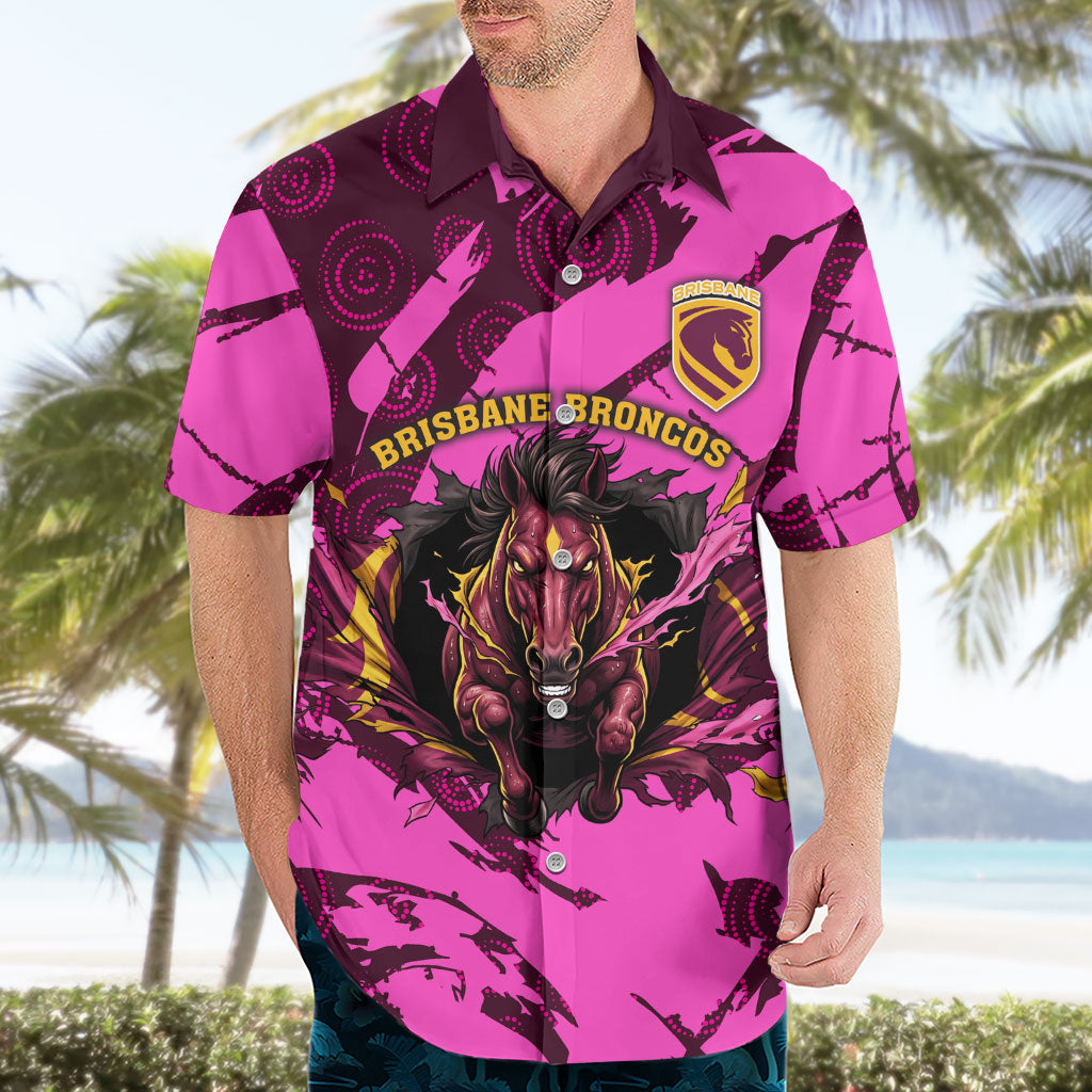 Personalised Brisbane Broncos Hawaiian Shirt Fierce Horse Mascot In Pink Aboriginal Dot Art Style