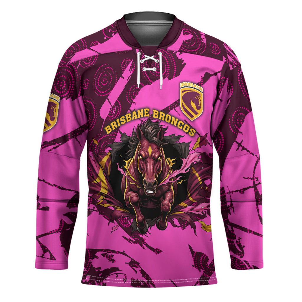 Personalised Brisbane Broncos Hockey Jersey Fierce Horse Mascot In Pink Aboriginal Dot Art Style