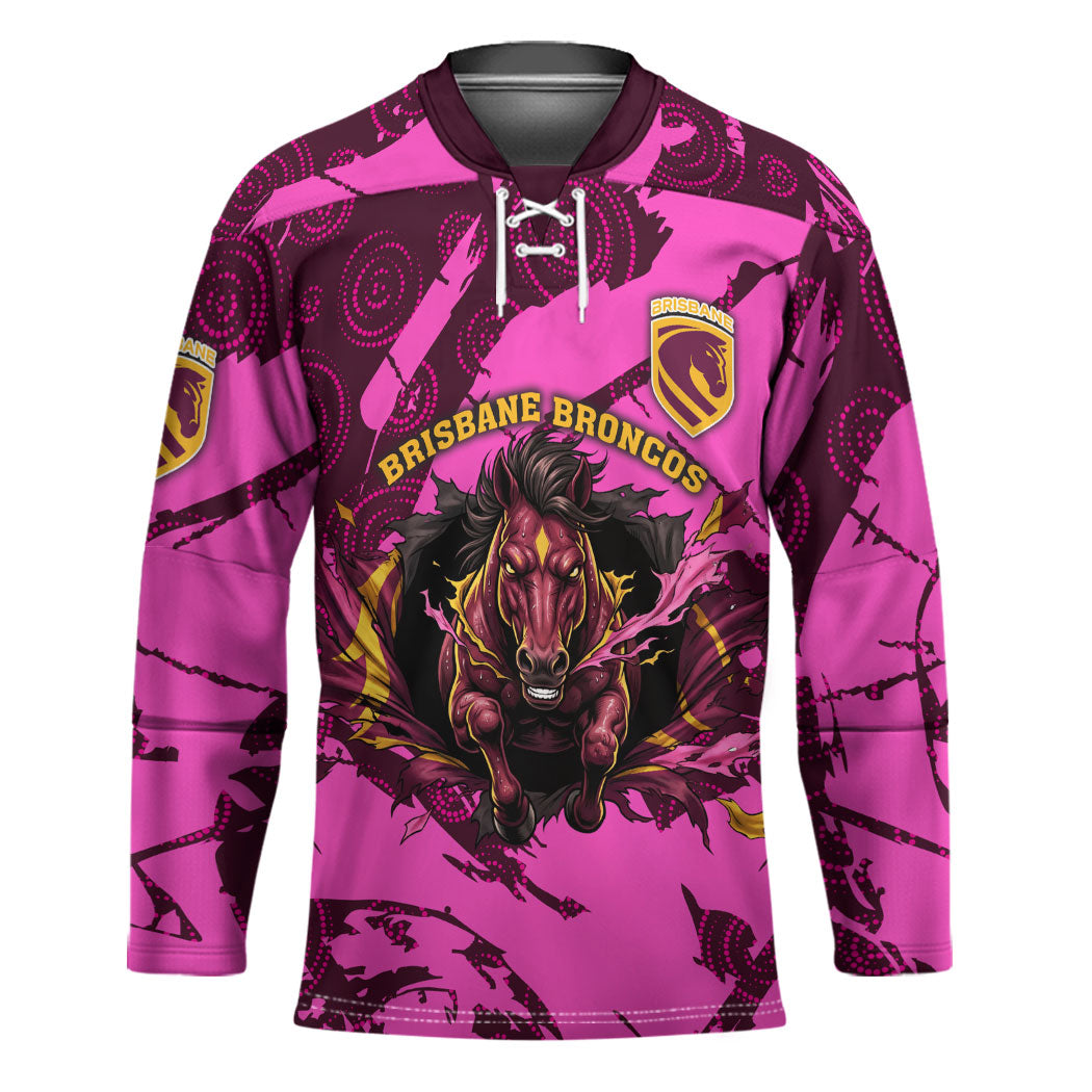 Personalised Brisbane Broncos Hockey Jersey Fierce Horse Mascot In Pink Aboriginal Dot Art Style