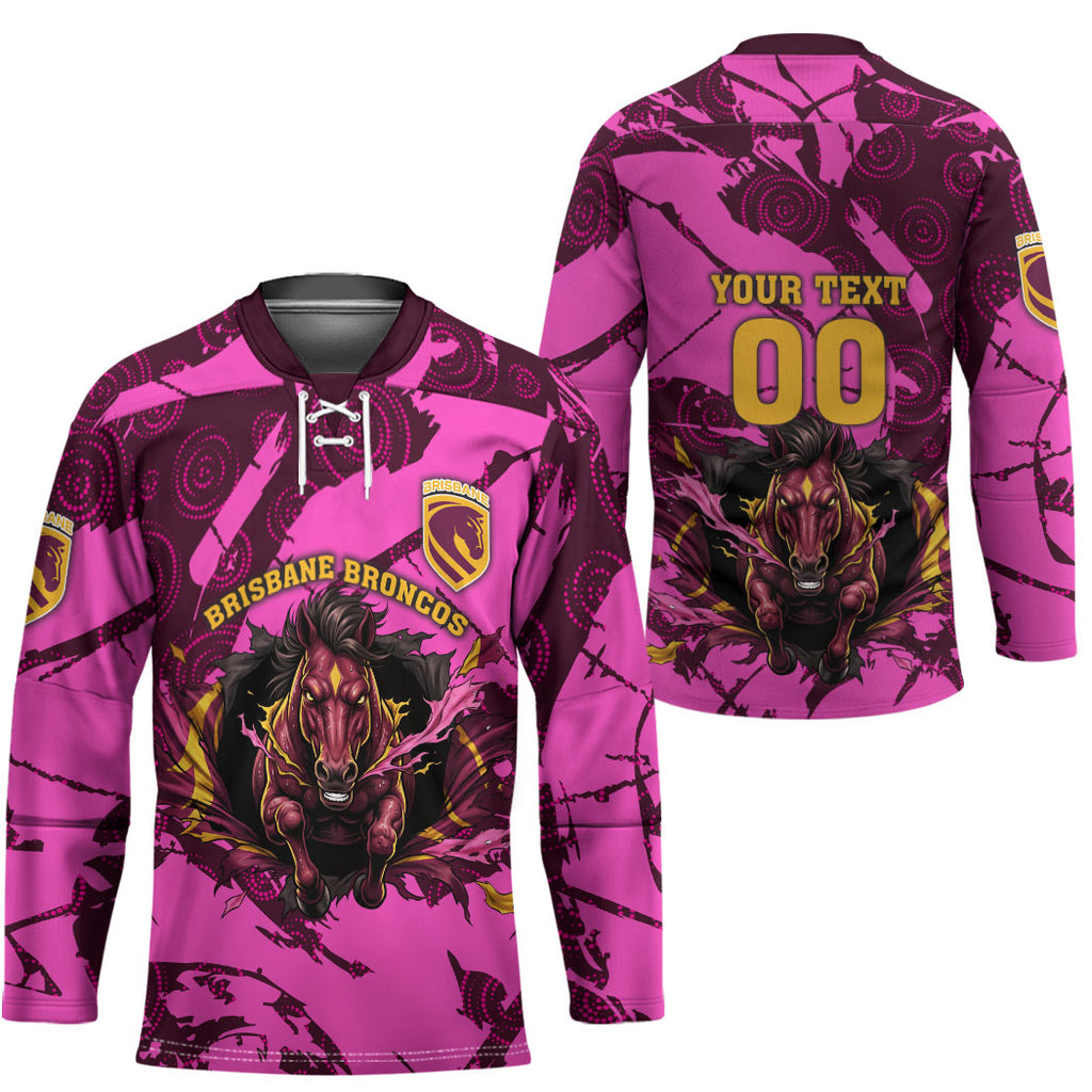Personalised Brisbane Broncos Hockey Jersey Fierce Horse Mascot In Pink Aboriginal Dot Art Style