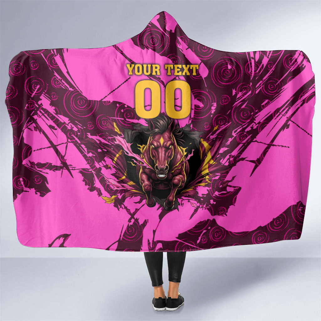 Personalised Brisbane Broncos Hooded Blanket Fierce Horse Mascot In Pink Aboriginal Dot Art Style