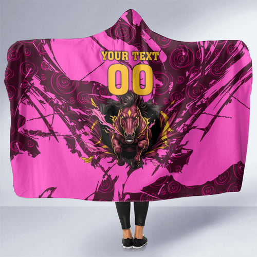 Personalised Brisbane Broncos Hooded Blanket Fierce Horse Mascot In Pink Aboriginal Dot Art Style