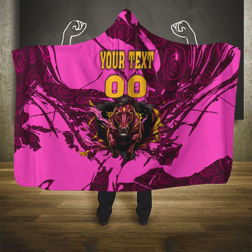 Personalised Brisbane Broncos Hooded Blanket Fierce Horse Mascot In Pink Aboriginal Dot Art Style