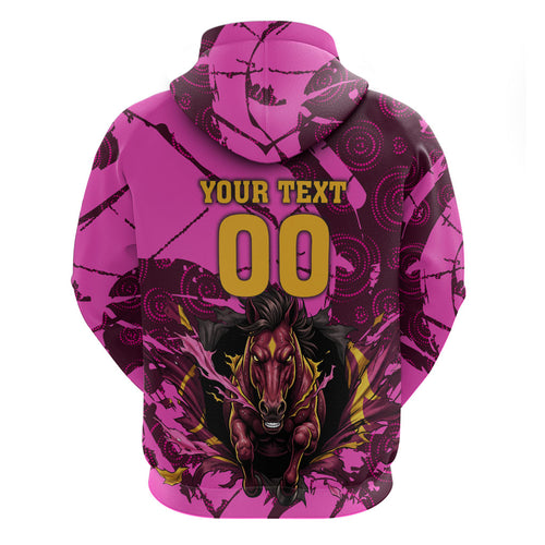 Personalised Brisbane Broncos Hoodie Fierce Horse Mascot In Pink Aboriginal Dot Art Style