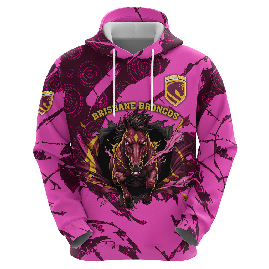 Personalised Brisbane Broncos Hoodie Fierce Horse Mascot In Pink Aboriginal Dot Art Style