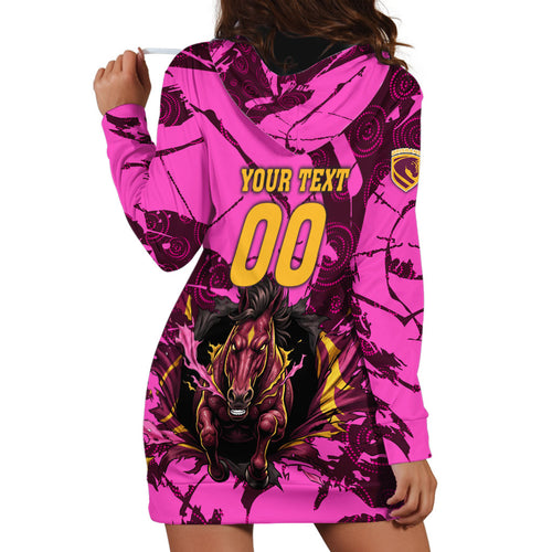Personalised Brisbane Broncos Hoodie Dress Fierce Horse Mascot In Pink Aboriginal Dot Art Style