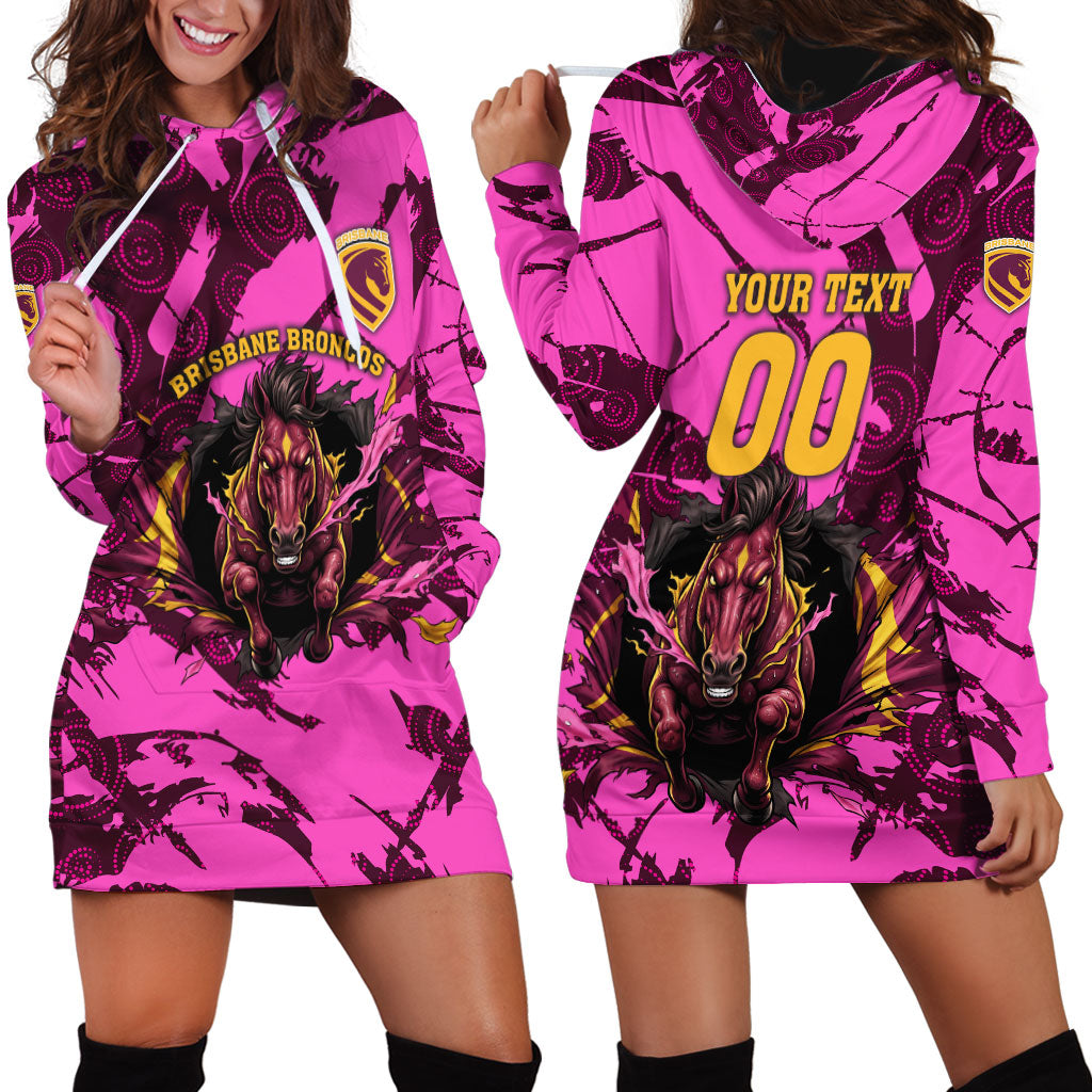 Personalised Brisbane Broncos Hoodie Dress Fierce Horse Mascot In Pink Aboriginal Dot Art Style