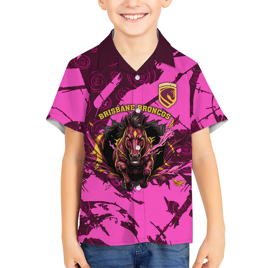 Personalised Brisbane Broncos Kid Hawaiian Shirt Fierce Horse Mascot In Pink Aboriginal Dot Art Style