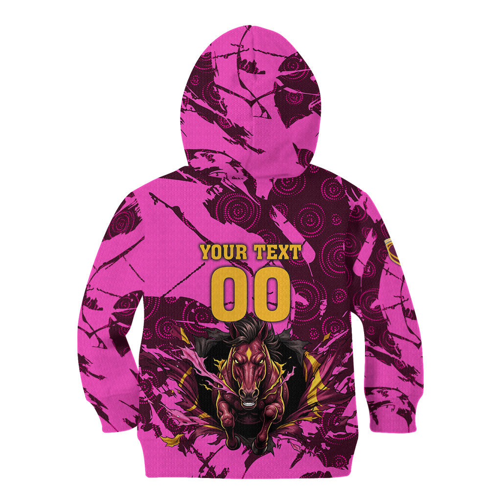 Personalised Brisbane Broncos Kid Hoodie Fierce Horse Mascot In Pink Aboriginal Dot Art Style