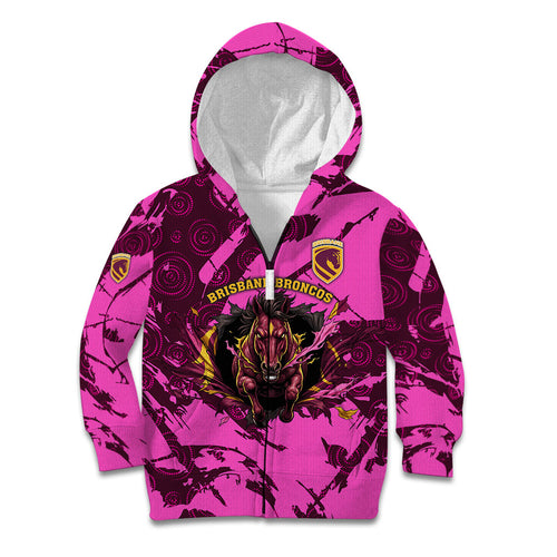 Personalised Brisbane Broncos Kid Hoodie Fierce Horse Mascot In Pink Aboriginal Dot Art Style