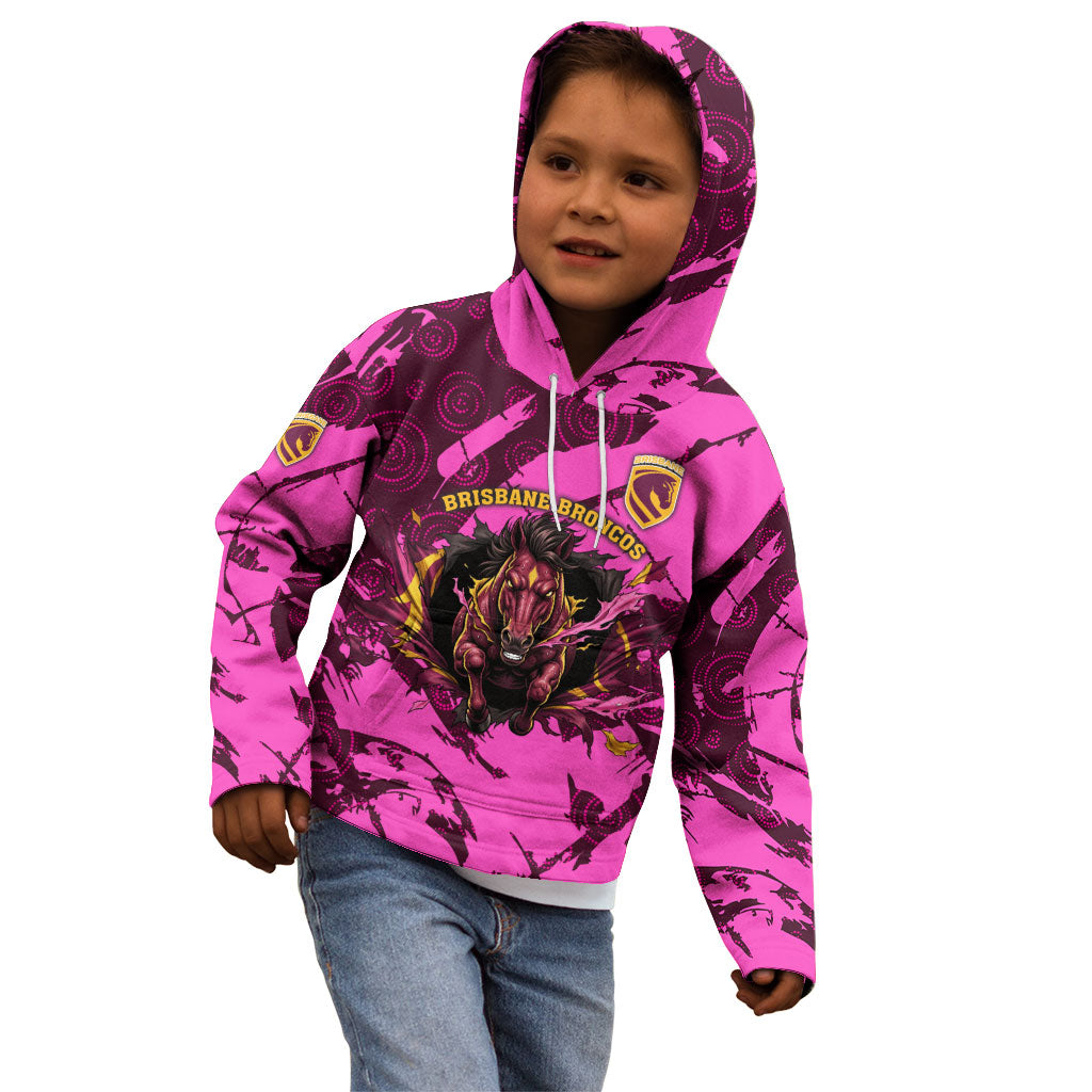 Personalised Brisbane Broncos Kid Hoodie Fierce Horse Mascot In Pink Aboriginal Dot Art Style