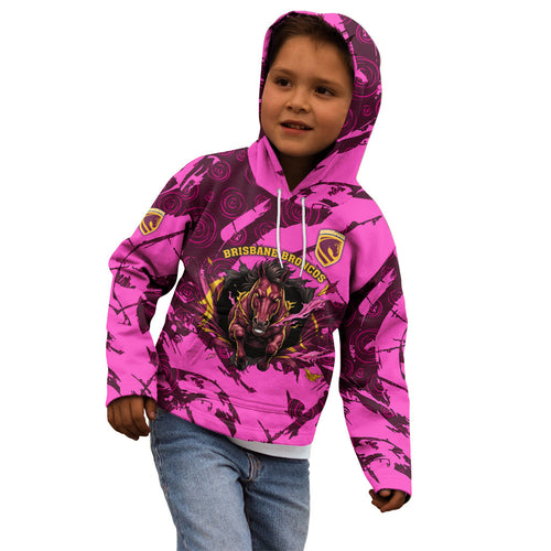 Personalised Brisbane Broncos Kid Hoodie Fierce Horse Mascot In Pink Aboriginal Dot Art Style