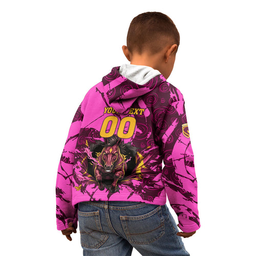 Personalised Brisbane Broncos Kid Hoodie Fierce Horse Mascot In Pink Aboriginal Dot Art Style