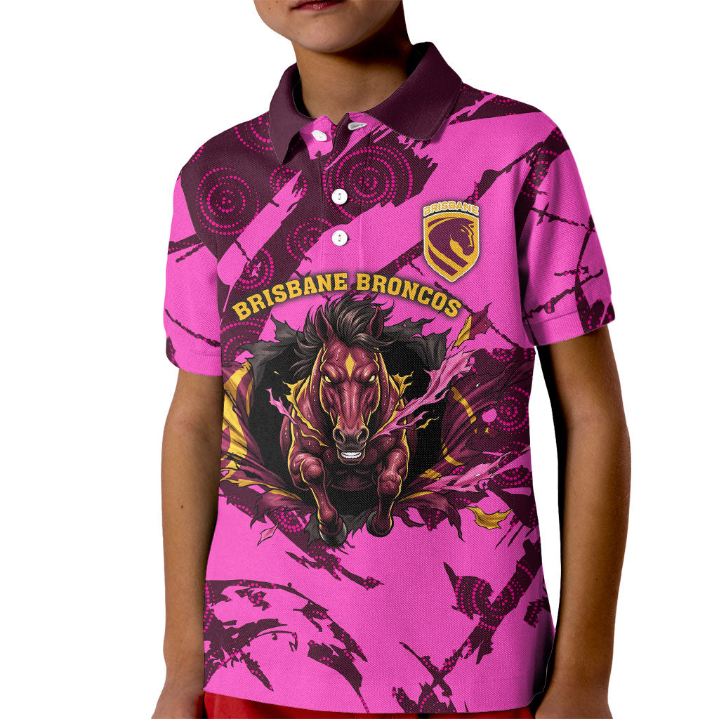 Personalised Brisbane Broncos Kid Polo Shirt Fierce Horse Mascot In Pink Aboriginal Dot Art Style