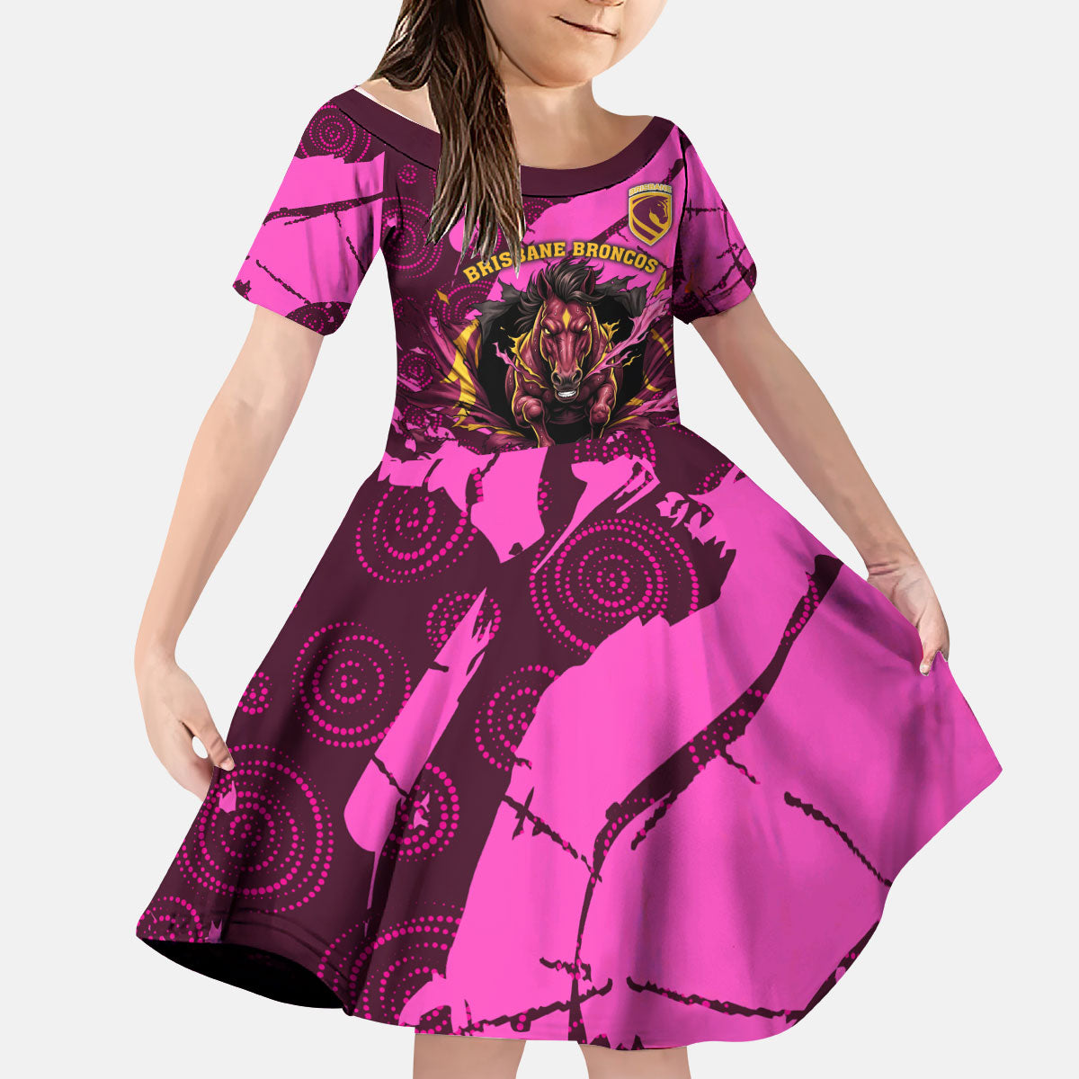 Personalised Brisbane Broncos Kid Short Sleeve Dress Fierce Horse Mascot In Pink Aboriginal Dot Art Style