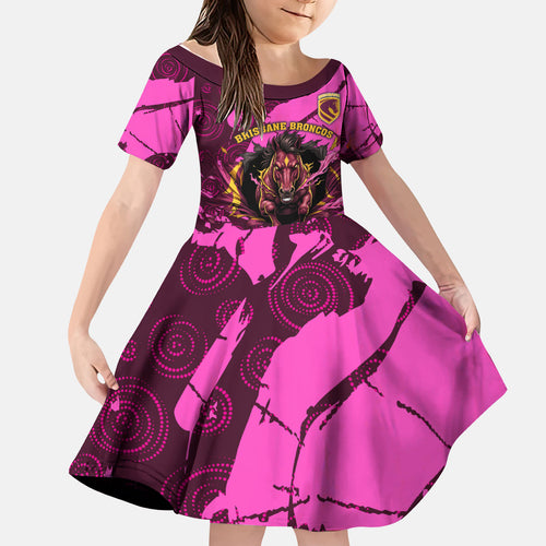 Personalised Brisbane Broncos Kid Short Sleeve Dress Fierce Horse Mascot In Pink Aboriginal Dot Art Style