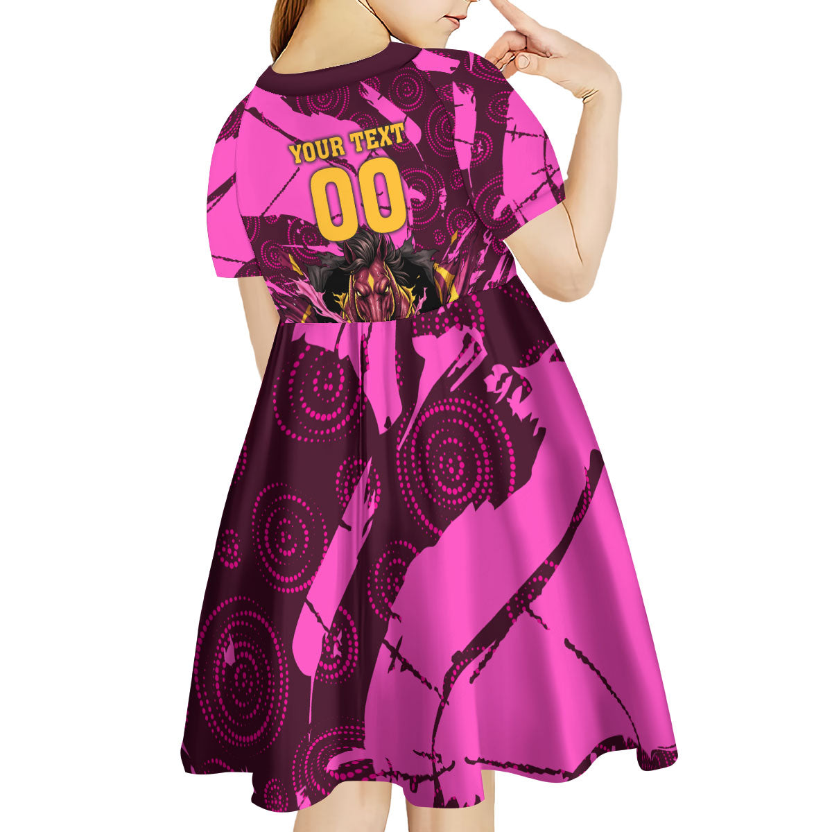 Personalised Brisbane Broncos Kid Short Sleeve Dress Fierce Horse Mascot In Pink Aboriginal Dot Art Style