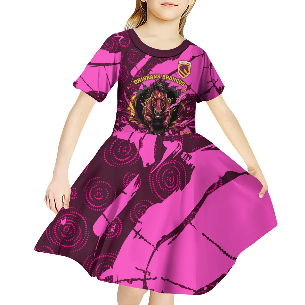 Personalised Brisbane Broncos Kid Short Sleeve Dress Fierce Horse Mascot In Pink Aboriginal Dot Art Style